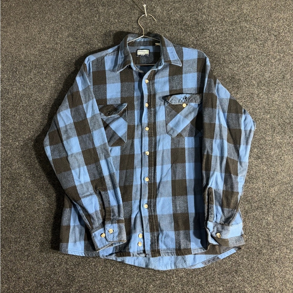 Fieldmaster 1970s Blue Buffalo Plaid Flannel Shirt Men’s XL Made in USA Cotton
